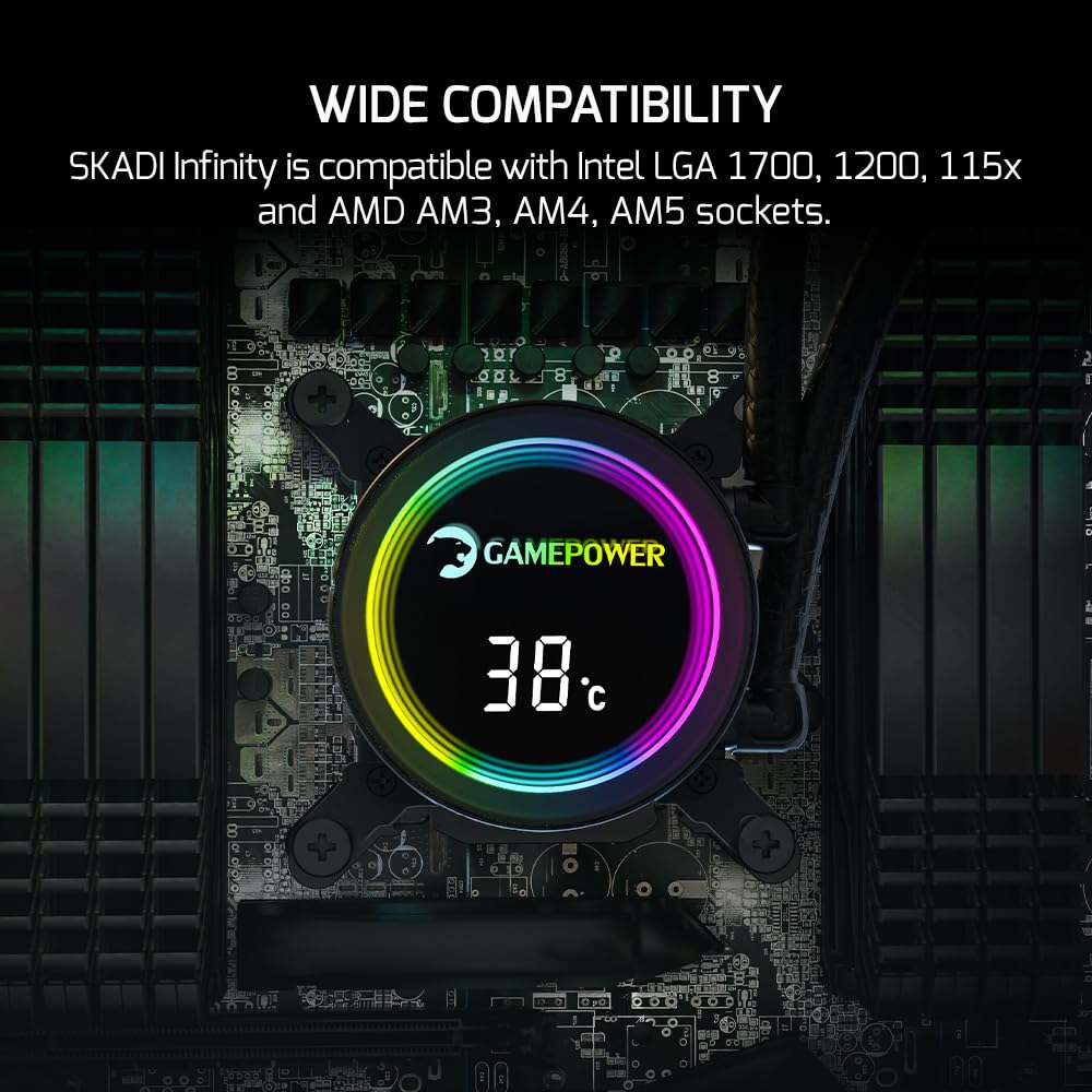 Gamepower Skadi Infinity 360 AIO CPU Liquid Cooler, ARGB Pump with Real Time Temp, 360mm Radiator with 3X PWM HDB Fans, 13.5 W/mK Thermal Paste