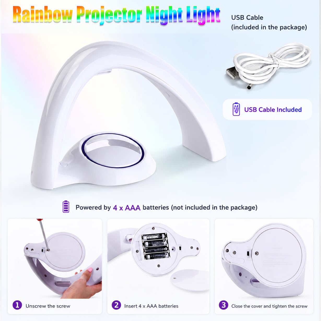 Rainbow Projector Night Light for Kids Bedroom, USB/ Battery Powered LED Rainbow Lamp with 10-Min Auto-Off Sleep Timer, Rainbow Projection Signs Wall