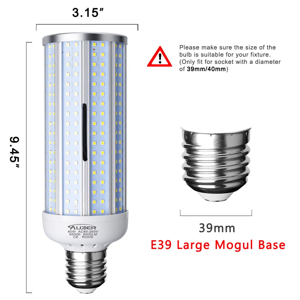 Auzer 80W LED Corn Light Bulb, Large Mogul E39 Base, 8000-Lumen, 6500K Daylight Cool White, AC 85V-265V, LED Corn Bulb for Large Area Garage Factory