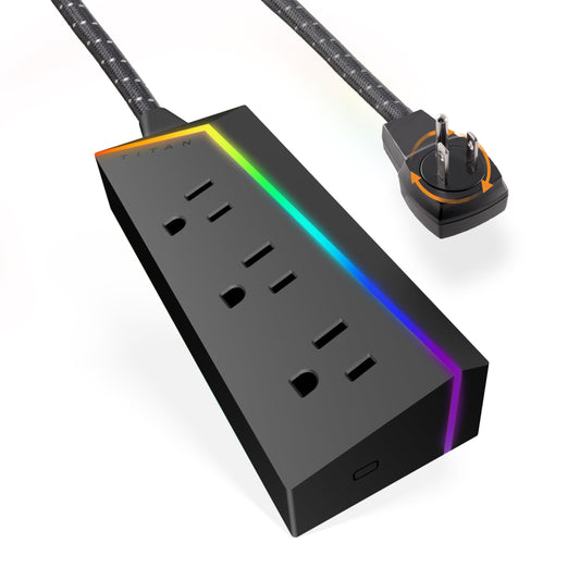 Titan 3-Outlet Power Strip, 8 ft Braided Extension Cord, LED Light Strip with Full Spectrum Color-Select, Compatible with Power Gaming PC, Laptop