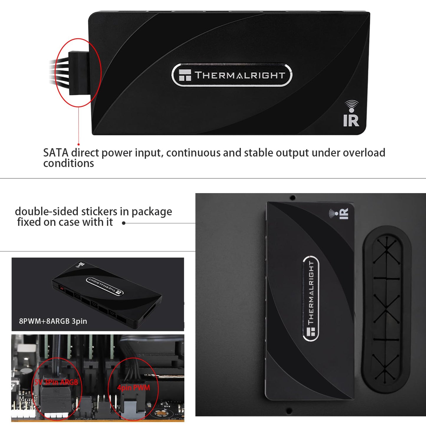 Thermalright ARGB and Fan HUB X8 IR Black Hub Controller Support 8 Groups of CPU Fans,3Pin PC ARGB Controller and 4Pin PWM Fan,with LED Remote