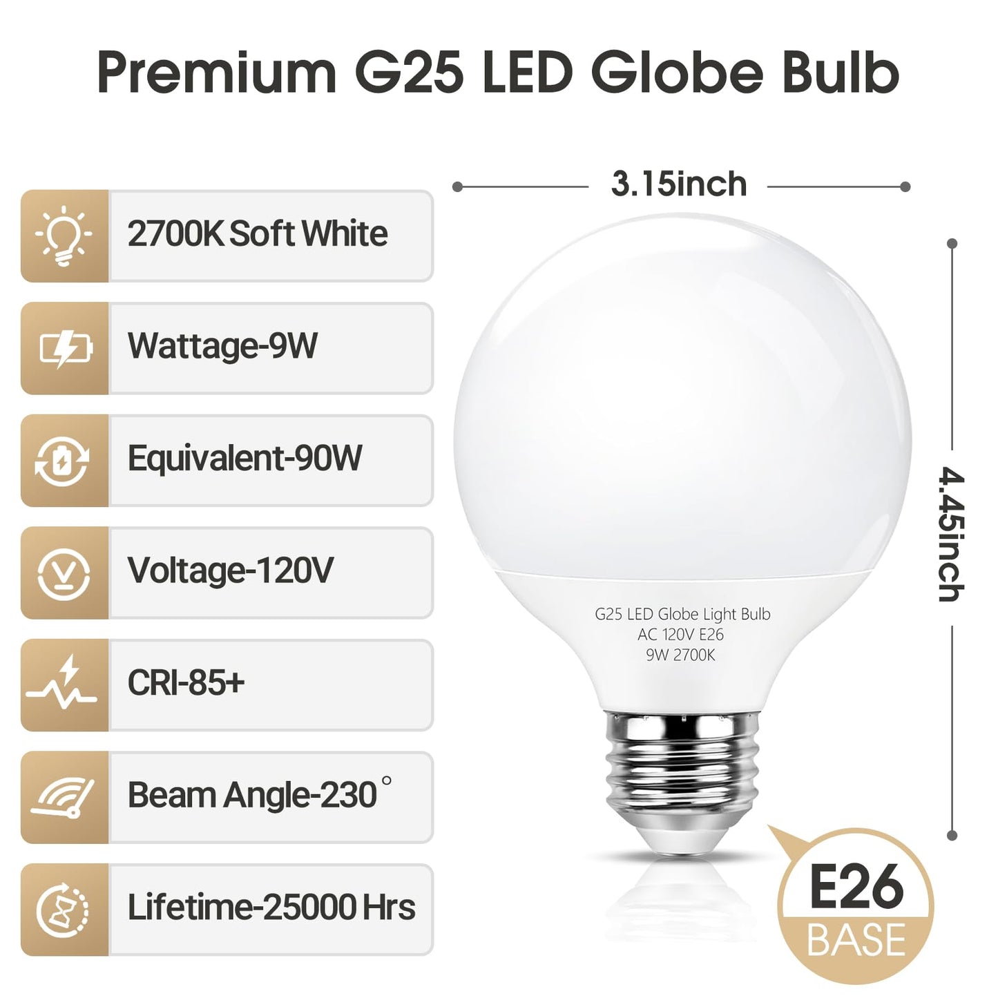 mfxmf G25 LED Globe Light Bulbs,Dimmable Bathroom Vanity Light Bulbs E26 Base,9W (90W Equivalent), Round Light Bulbs for Bedroom Makeup Mirror, 920LM
