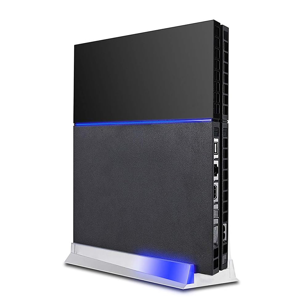 KlsyChry Vertical Stand for PS4 White, Blue Light Base Led Bracket Mount Holder Stand for PS4 PlayStation 4 Console with 3 USB Hub Ports -White