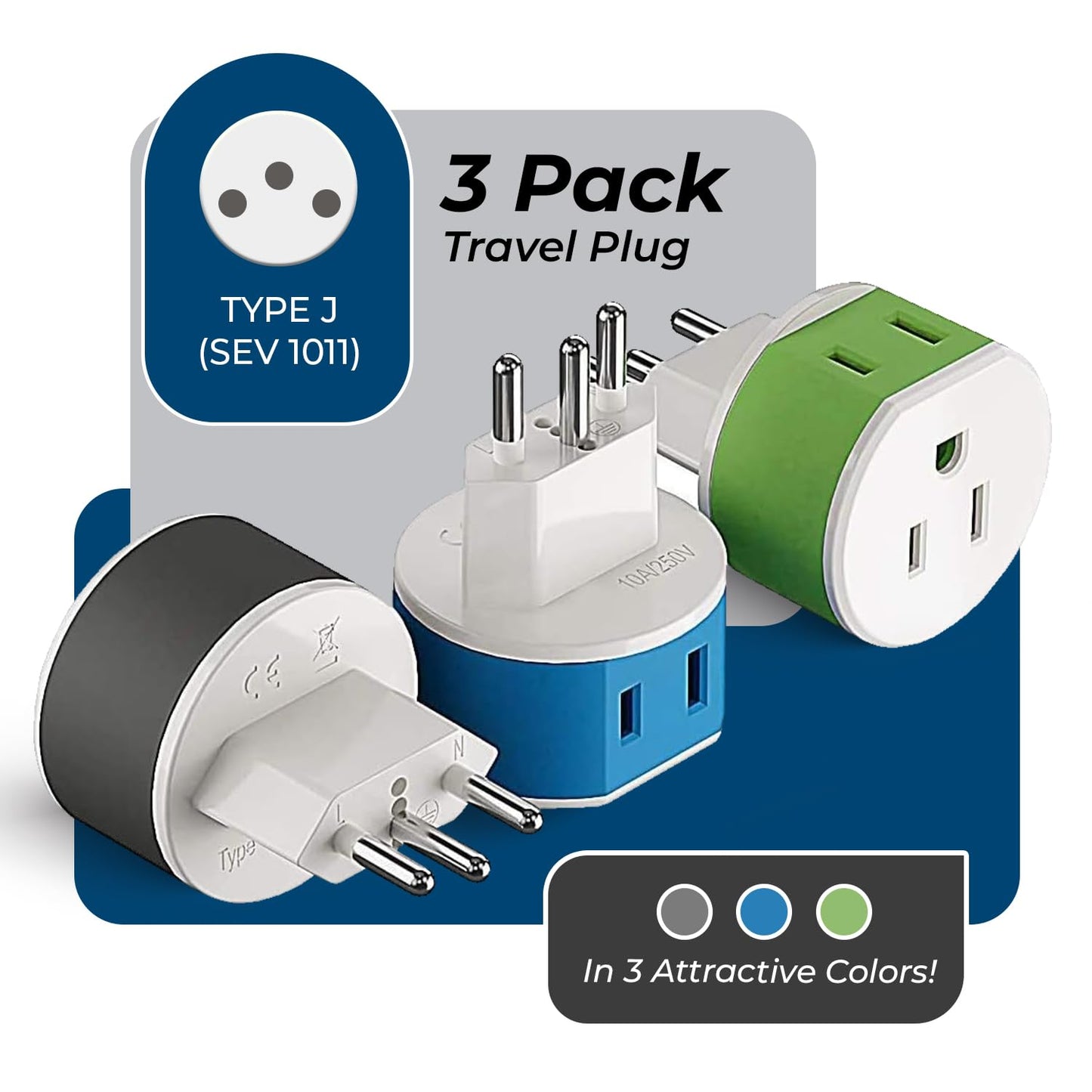 OREI Switzerland Power Plug Adapter 3-Pack – Type J Travel Adapter with 2 USA Inputs for Phones, Laptops, Cameras, CPAP & More (US-11A)