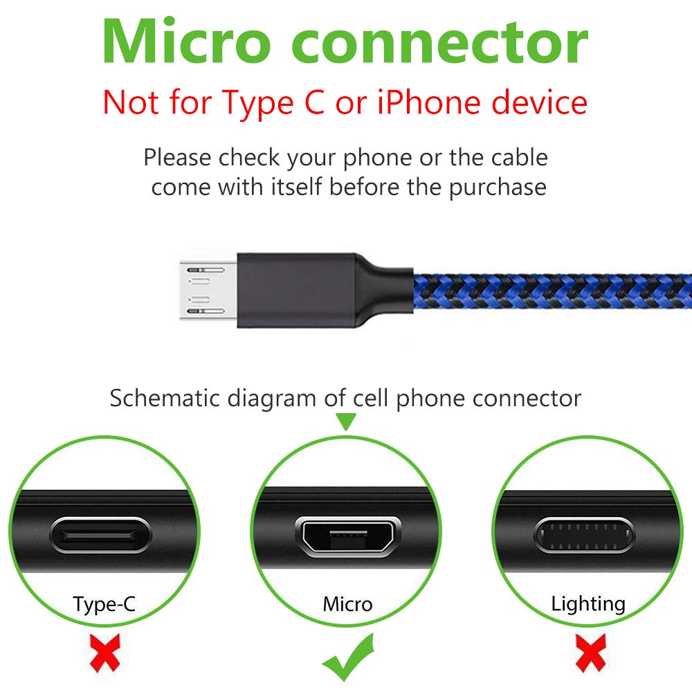 Micro USB Cable, 3Pack 6FT Android Charger Cord Long Braided Sync Fast Charging Cables Compatible with Samsung Galaxy S6 S7 Edge, Android Phone -Blue