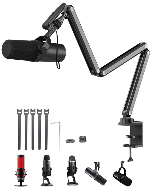 KU XIU Aluminum Alloy Boom Arm Microphone Stand for Desk, Three-Section Adjustable Mic Arm Mount with Cable Management Channels for Desktop