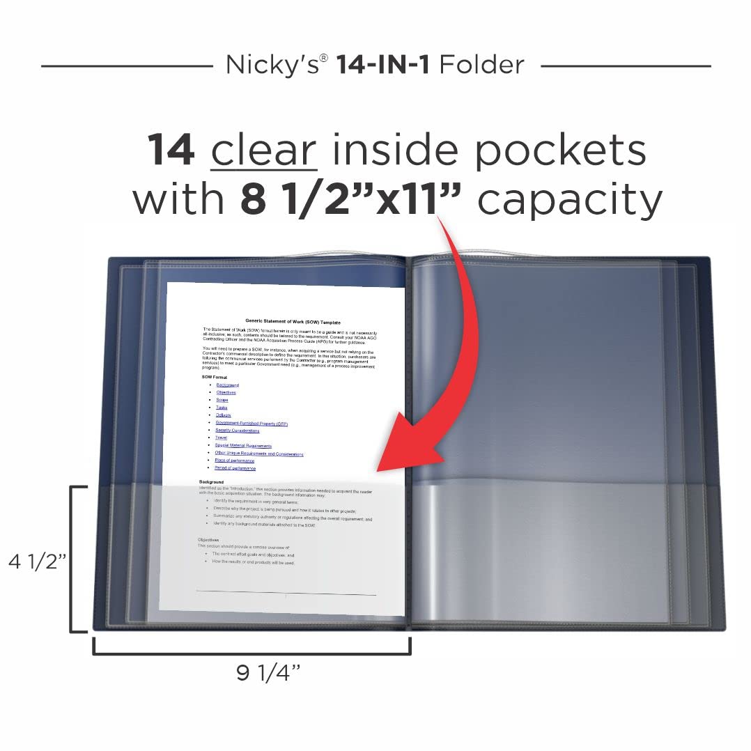 Nicky's® Multi Pocket Organizer, 10 or 14 Page Folder, Waterproof, Patented Tear-Resistant, Flexible Plastic, Proudly Made in USA, Binder Substitute