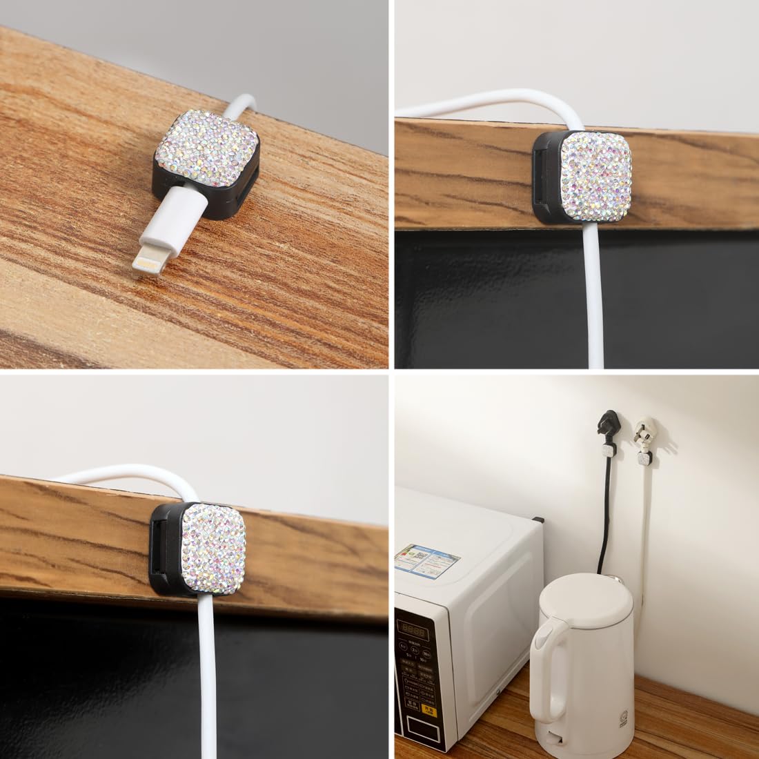 Sparkly Diamond Cord Organizer Holder, 6 Pack Magnetic Desk Cable Clips Management, Hide Phone Charging Cable Keeper, Strong Adhesive Wire Charger