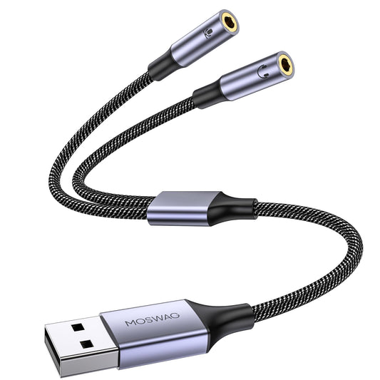 MOSWAG USB Audio Adapter External Sound Card Stereo Cable with Dual TRS 3-Pole 3.5mm Headphone and Microphone Jacks USB to Dual 3.5mm Audio Jack