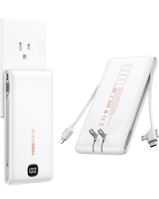 VEEKTOMX Portable Charger with Built in Cables 10000mAh, Power Bank for iPhone with AC Wall Plug, Fast Charging USB C Slim Battery Pack with LED