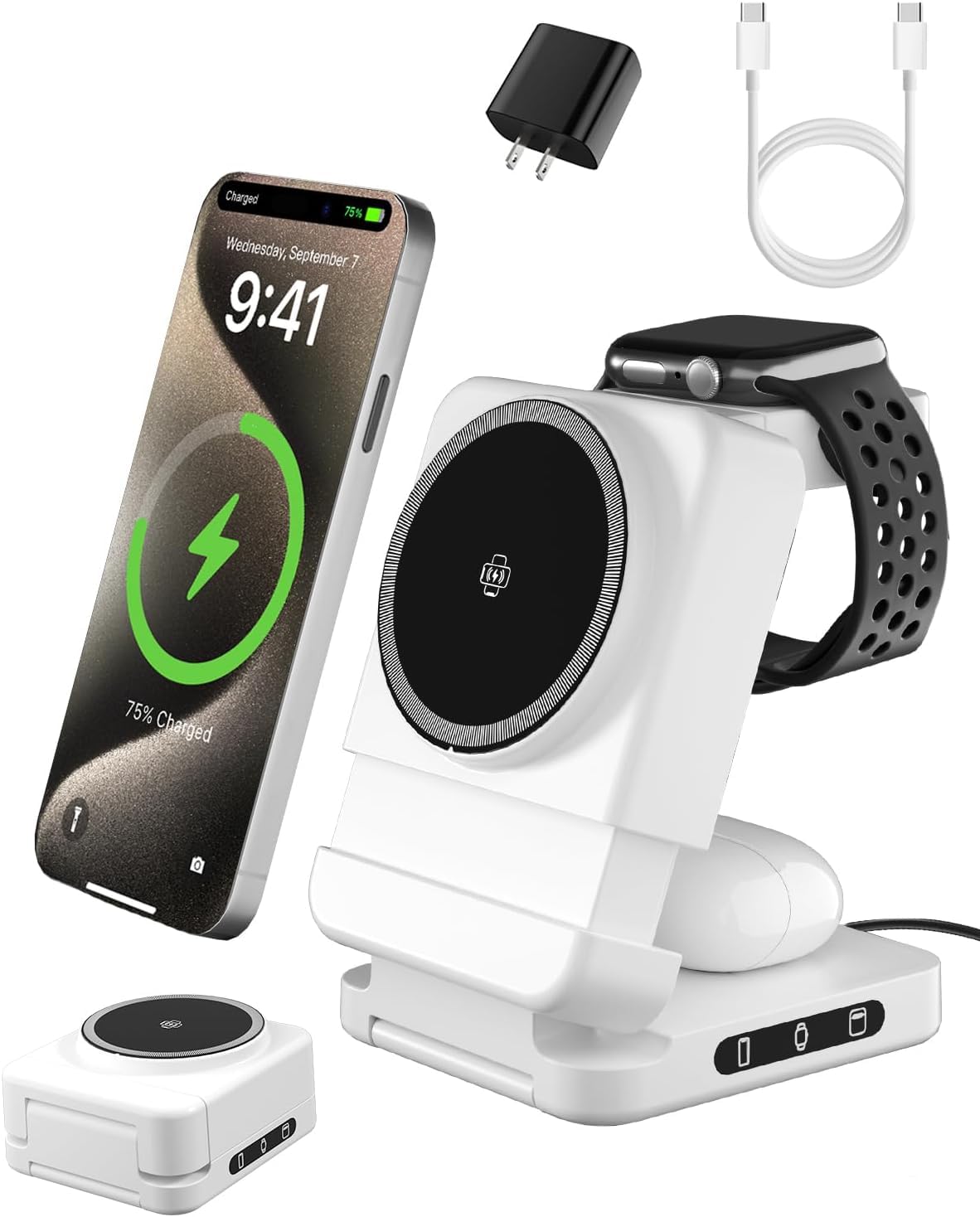 3 in 1 Foldable Wireless Charger, 15W Qi2 Magnetic Charger Stand for iPhone & Samsung, Apple Watch & Galaxy Watch, AirPods & Galaxy Buds
