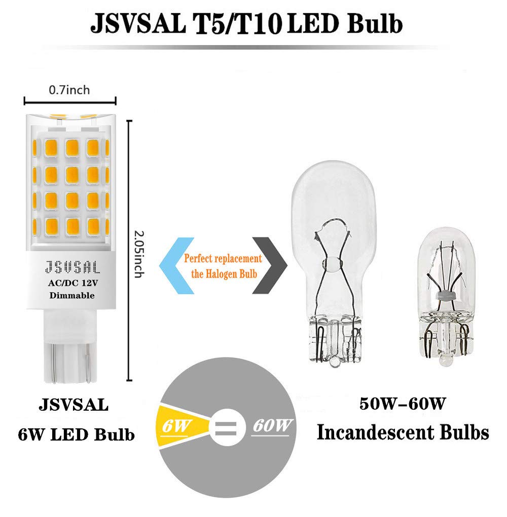 JSVSAL T5 T10 Wedge Base LED Light Bulb,Dimmable, 6W 650lm,5000K Daylight White,12V AC/DC for Outdoor Landscape Lighting Deck Stair Step Path Lights