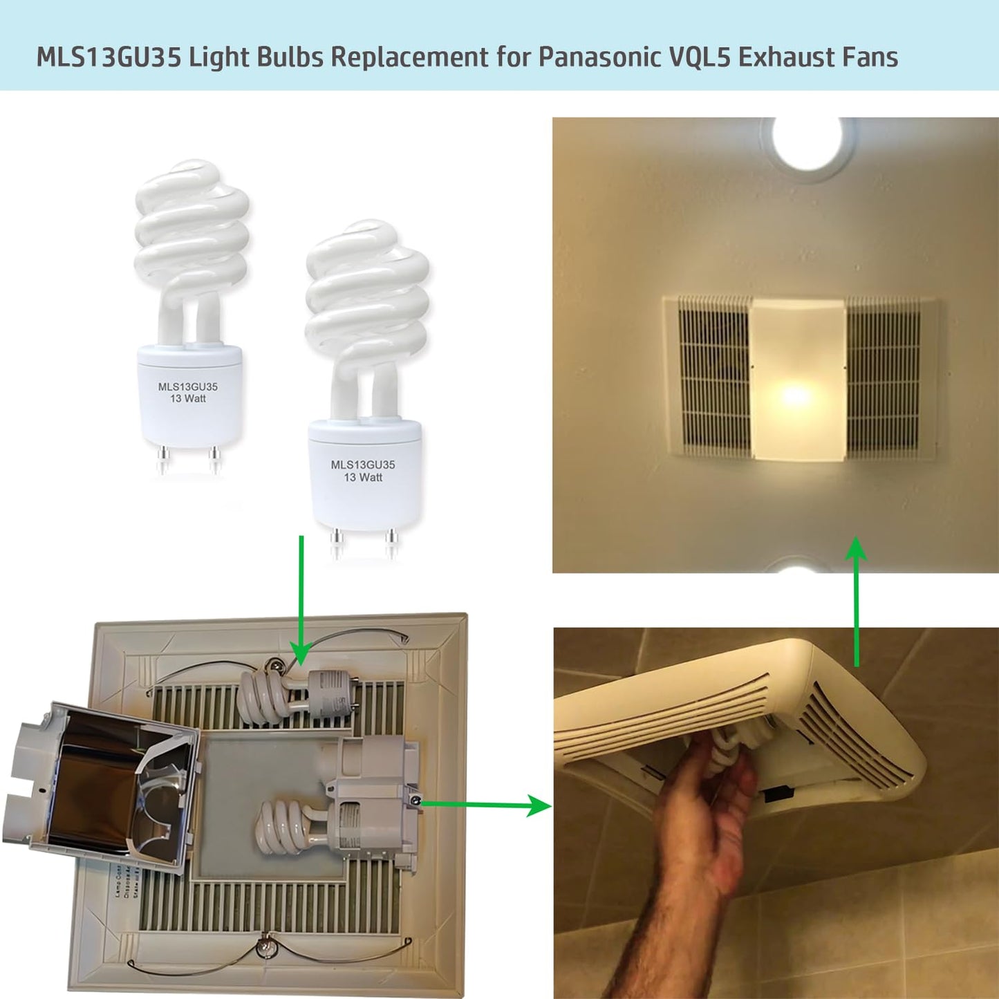 2pack 13Watts MLS13 GU35 3500K Soft White Spiral Light Bulb Replacement for Panasonic VQL5 Bathroom Exhaust Vent Fan,Compatible Maxlite mls13guww
