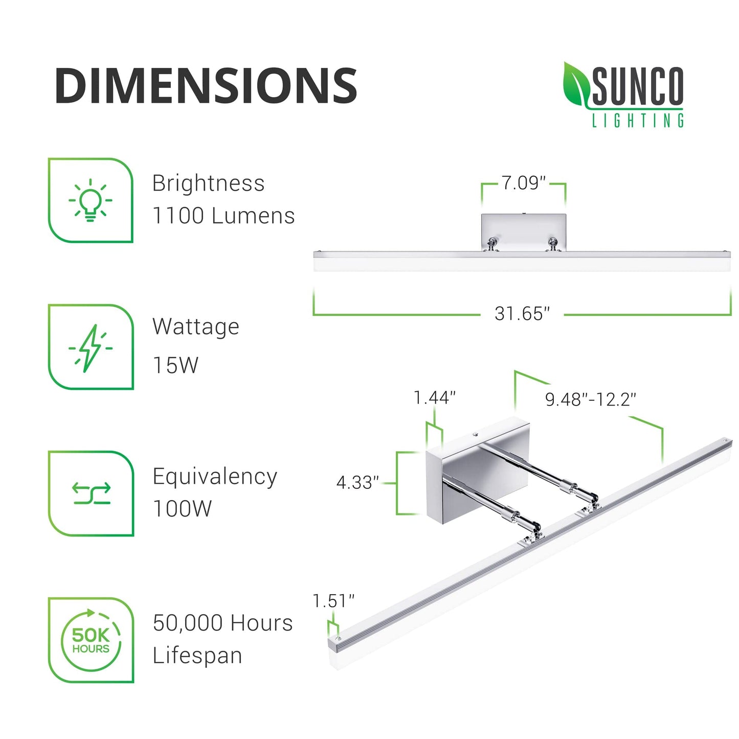 Sunco Lighting Modern Vanity Light Fixture, LED Bathroom Bar Lights, 15W=100W, Selectable White (3000K/4000K/5000K), 1100 LM Chrome Finish, Adjustable