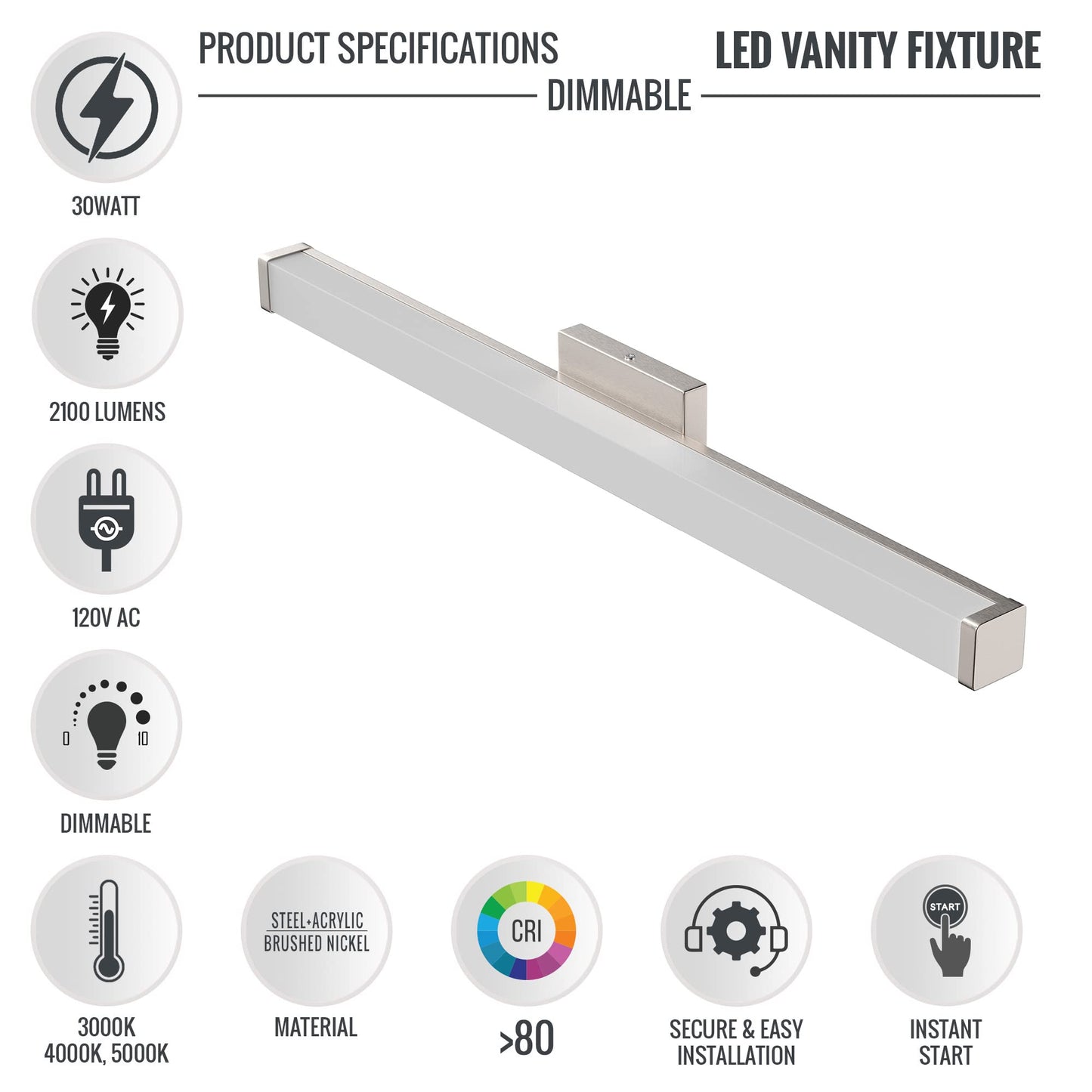 LEDMyplace 36-inch LED Modern Bathroom Vanity Light Fixtures Over Mirror, 30W Dimmable Indoor Lighting, 3000K/4000K/5000K CCT Changeable, 2100 Lumens