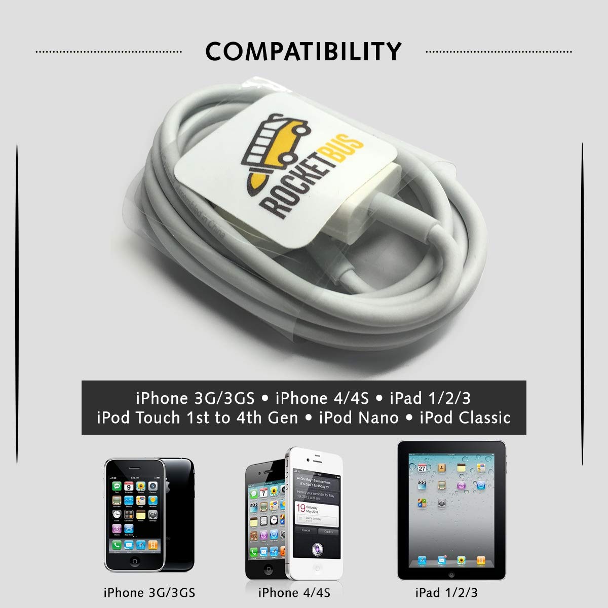 RocketBus 2-Pack USB Sync Charging Charger Data Transfer Cable Cord for Use to Work with Charge Old Models Apple iPhone 3 3G 3GS 4 4S iPod 4G 4th Gen