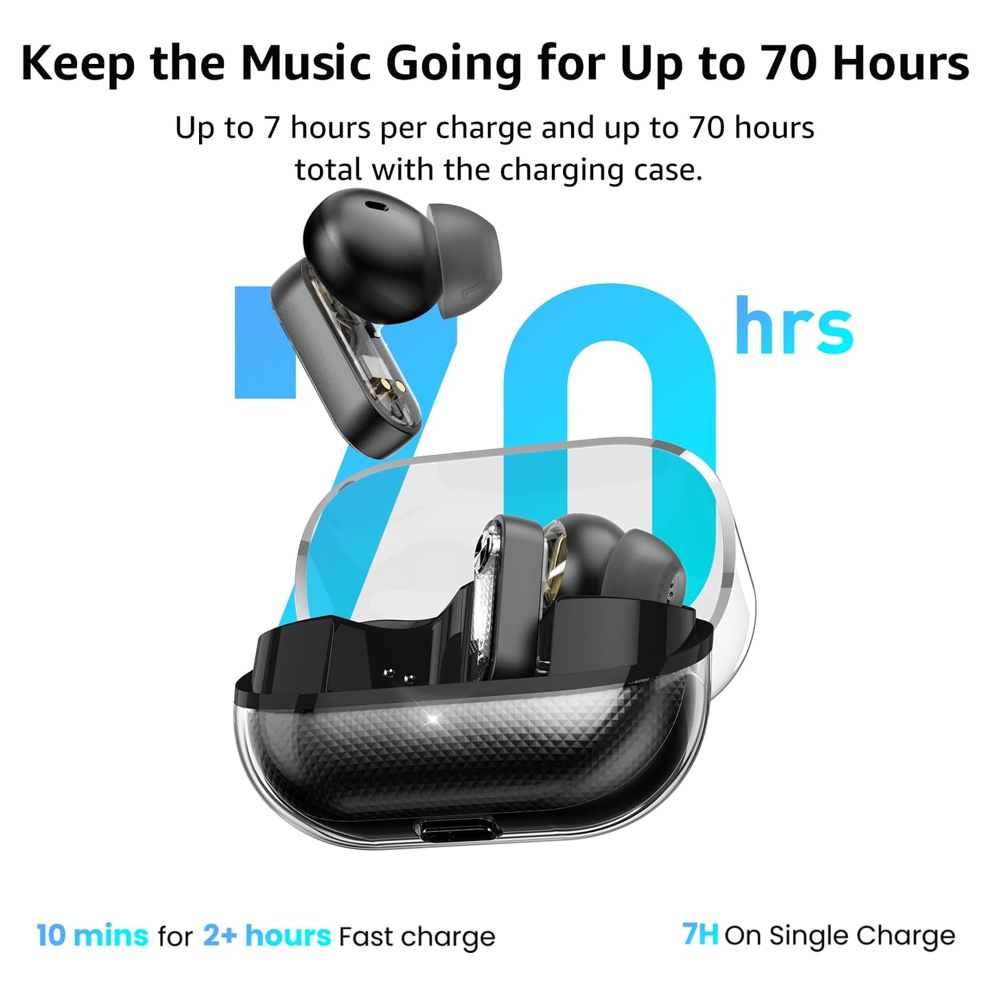 TOZO Crystal Pods Hybrid Active Noise Cancelling Wireless Earbuds, 10mm Drivers Deep Bass, 4 Mics Smart ENC AI Calls, Real-Time AI Translation, 32 EQ