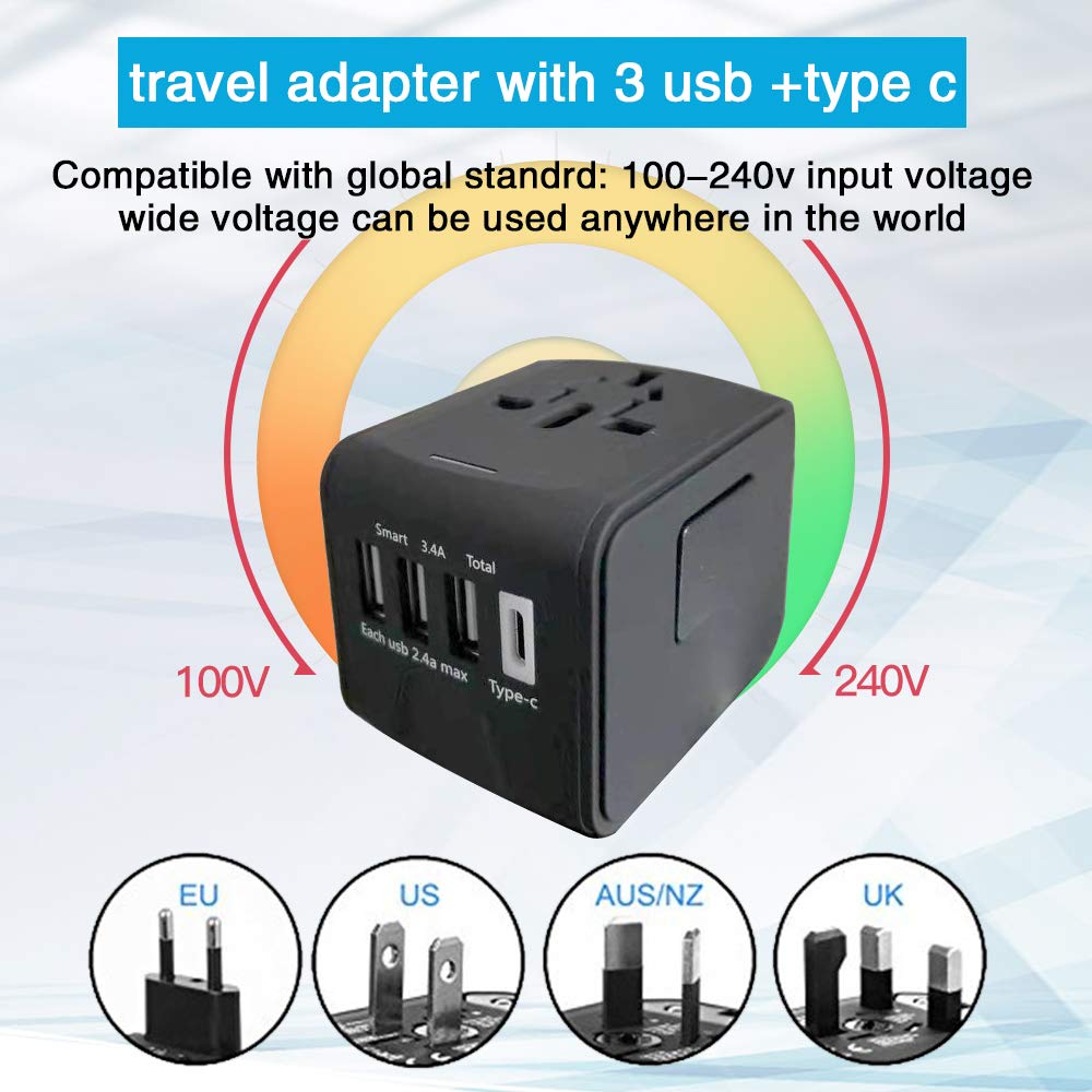 Universal Travel Adapter,All in One Universal Power Adapter for 150 Countries 4usb+Type C (Black)