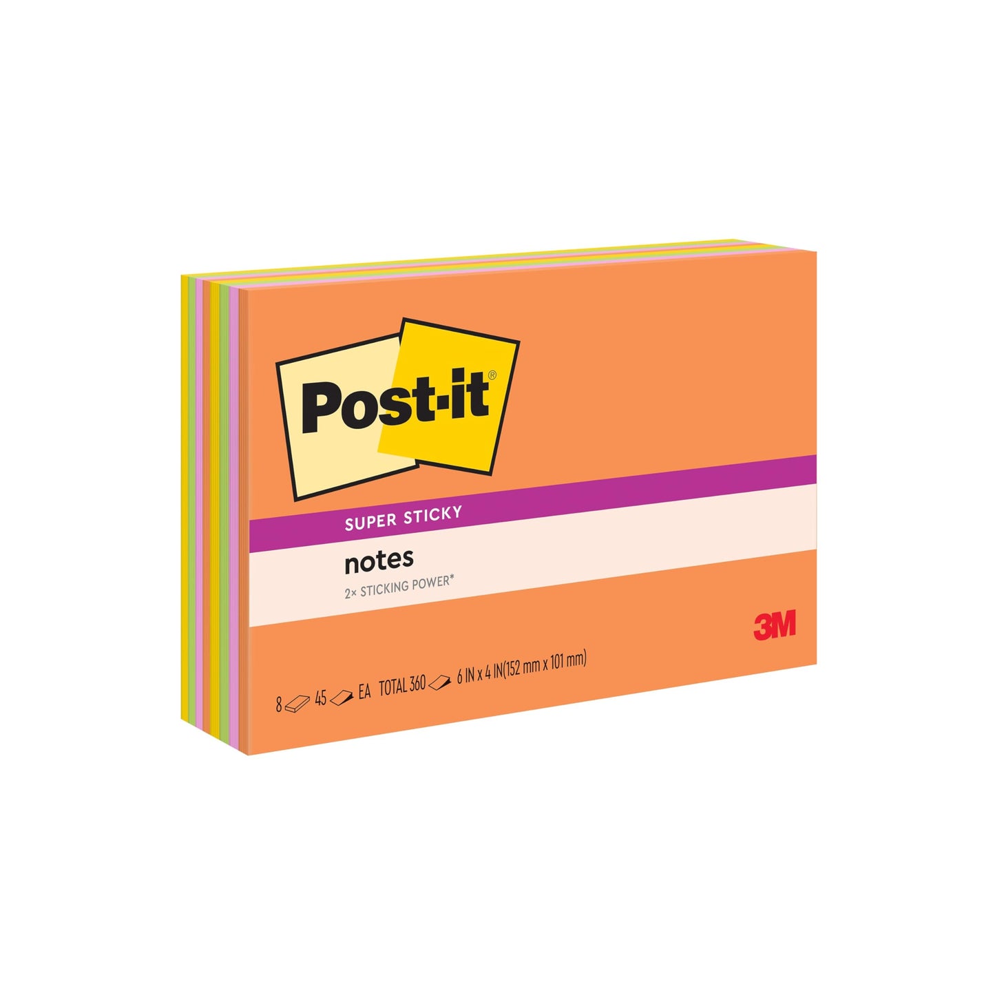 Post-it Super Sticky Notes, 6 x 4 in, Neon Fizz, 8 Pads, 45 Sheets/Pad