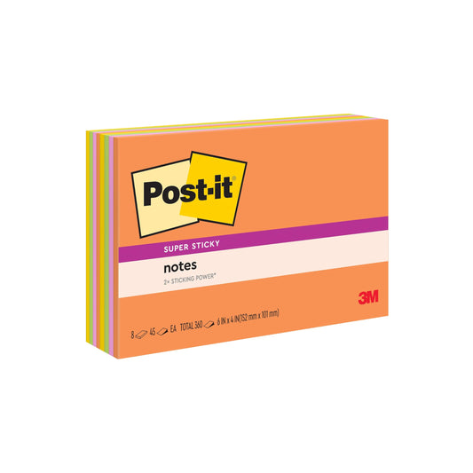 Post-it Super Sticky Notes, 6 x 4 in, Neon Fizz, 8 Pads, 45 Sheets/Pad