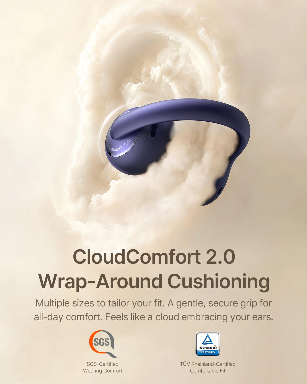 Baseus Bowie MC2 Open Ear Clip On Earbuds, CloudComfort 2.0 Wrap-Around Design, LDAC Hi-Res Audio, Bluetooth 6.0, 55H Playtime, 4-Mic AI Clear Call