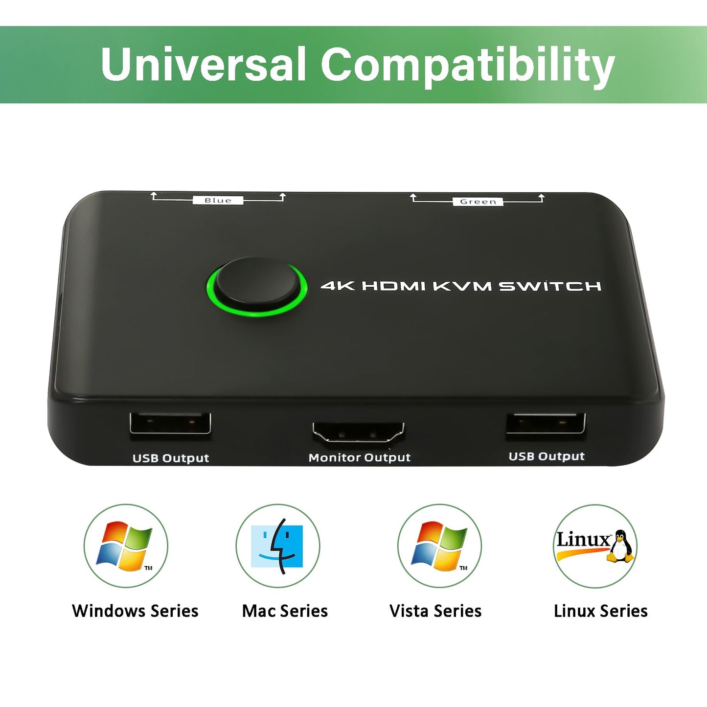 4K@60Hz KVM Switch HDMI 2 Port, USB HDMI Switch Selector for 2 Computers Sharing Mouse, Keyboard and Monitor, Including 2 USB Cables and 2 HDMI Cable