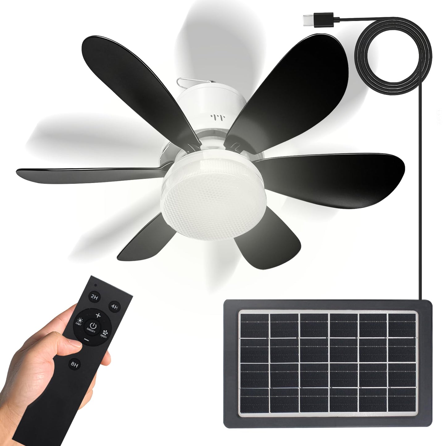 Solar Ceiling Fans with Lights Battery Built-in10000mAh Portable ,17" LED Fan Light Hanging with HookCan be timed for 2/4/8 hours, 3 Speeds