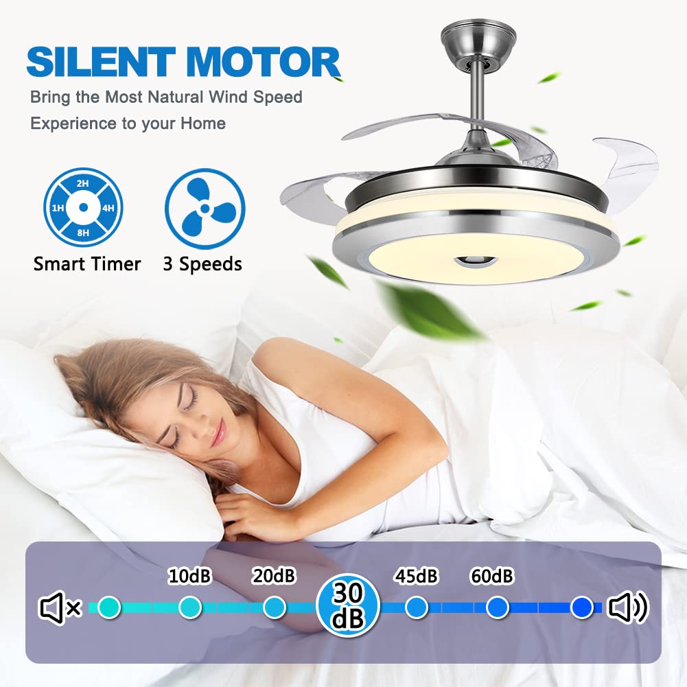 42 Inch Ceiling Fans with Lights and Remote Control, Modern Retractable Blade Invisible Ceiling Fan Chandelier Light with 3-Color Change Fan Lights