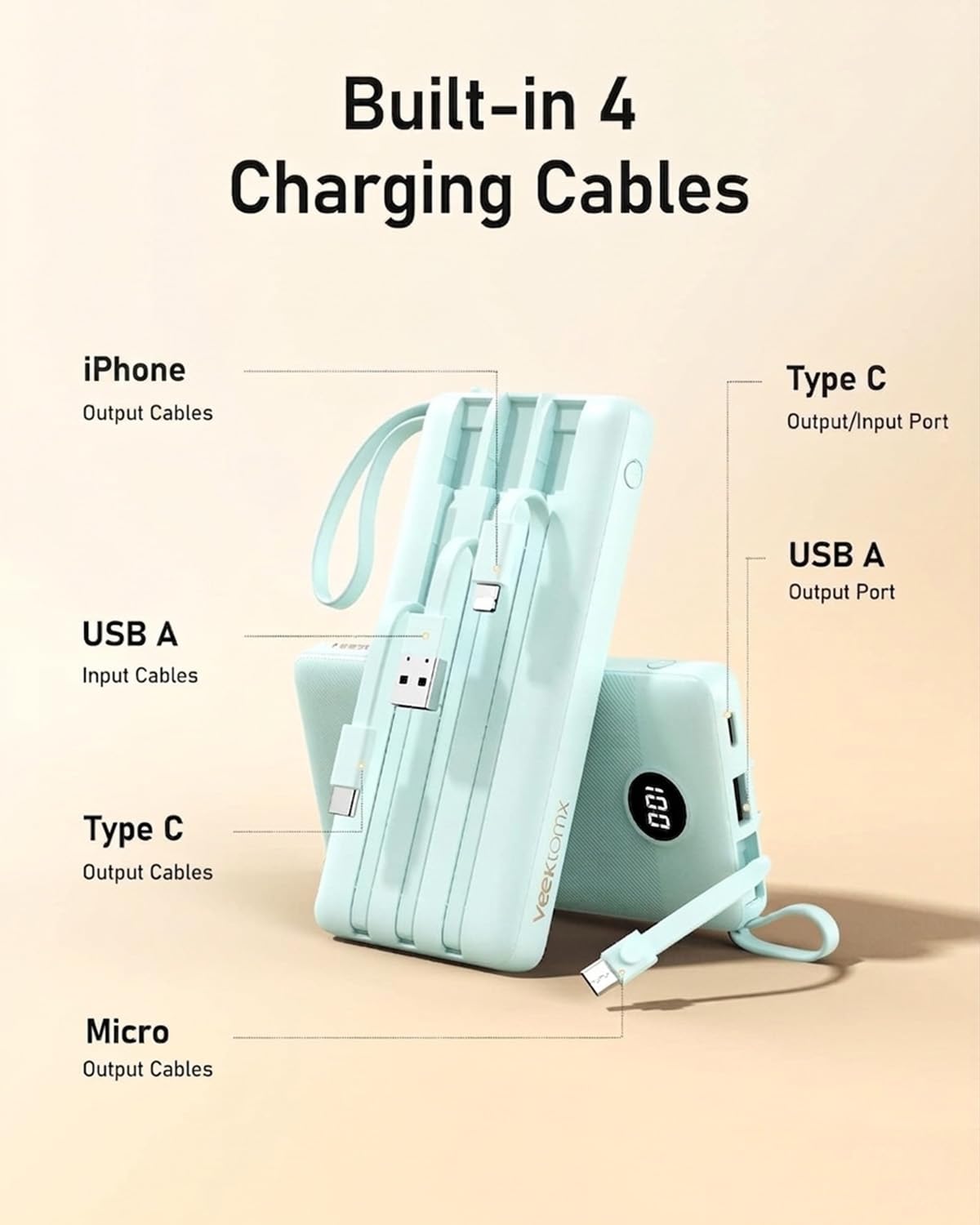 VEEKTOMX 10000mAh Portable Charger with Built-in Cables, Fast Charge Power Bank for iPhone 16/15/14 Samsung Android, USB C Battery Pack with iPhone