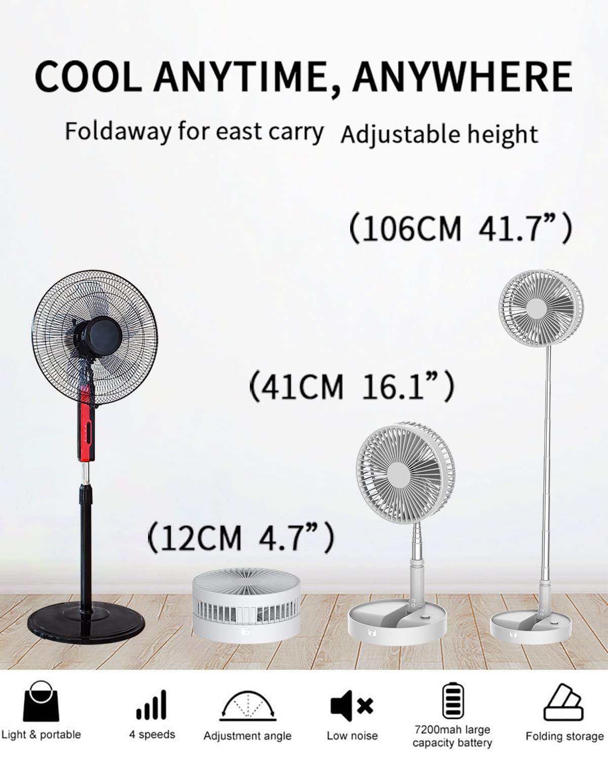 UN UNITEDTIME Desk and table fan, Foldable Fans Portable Travel Fan Battery Operated or USB Powered,Adjustable Height,My Foldaway fan with remote