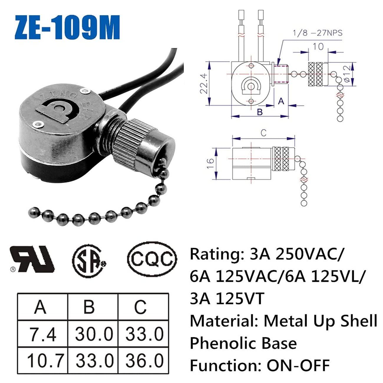Ceiling Pull Chain Switch ZE-109M Zing Ear Metal Pull Chain Light Switch ON-Off Pull Chain Switch Ceiling Fan Lamp Light Switch (Black Bronze)