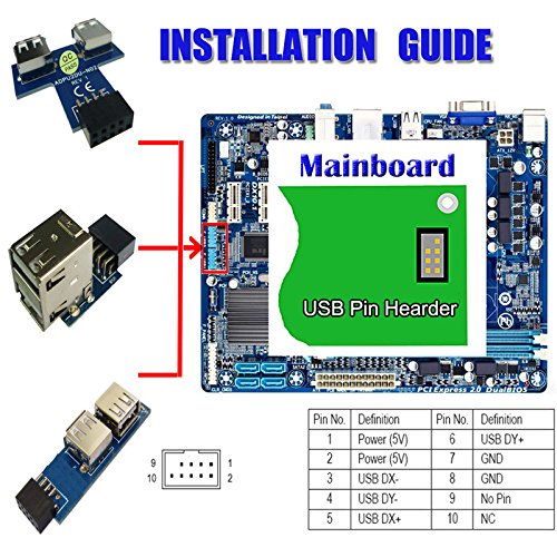JIUWU 9 Pin USB 2.0 Female Pin Header to Dual USB2.0 Port Adapter-T Type