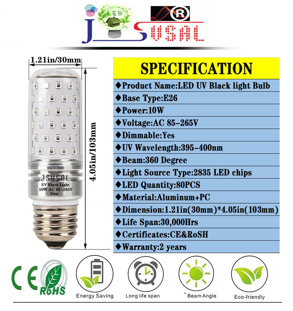 JSVSAL LED Black Light Bulb, AC 85-265V E26 Medium Base,Dimmable,2-Pack