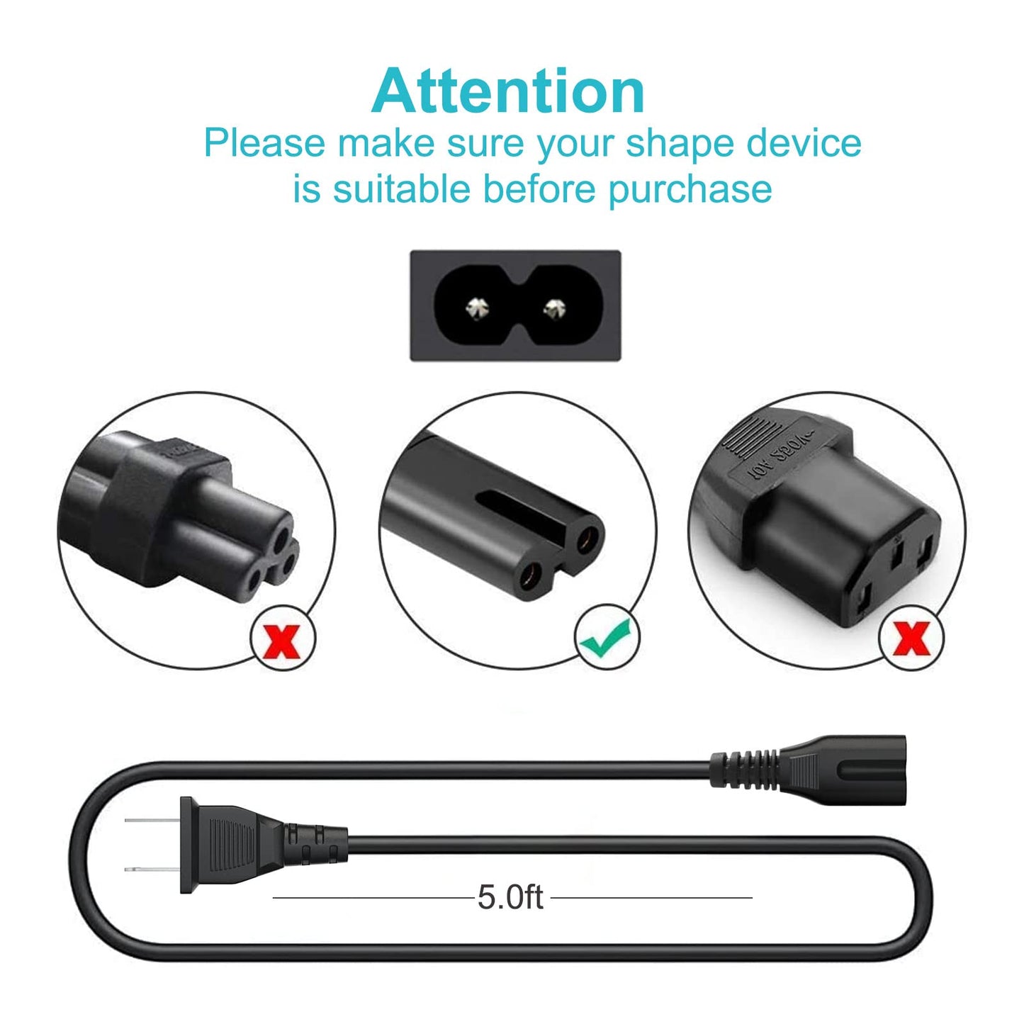 2 Prong AC Power Cord Plug for ONN. 100008734 100008736, ONN TV, JBL PartyBox 100 110 200 300 1000 310 710 1000 On-The-Go Speaker, ION Game Day Party