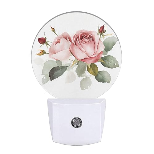 Uanvaha Retro Rose Night Light Floral Blossom Pink Rose with Green Leaf Flower Bouquet LED Dusk to Dawn Plug-in Nightlight Auto Sensor for Bedroom