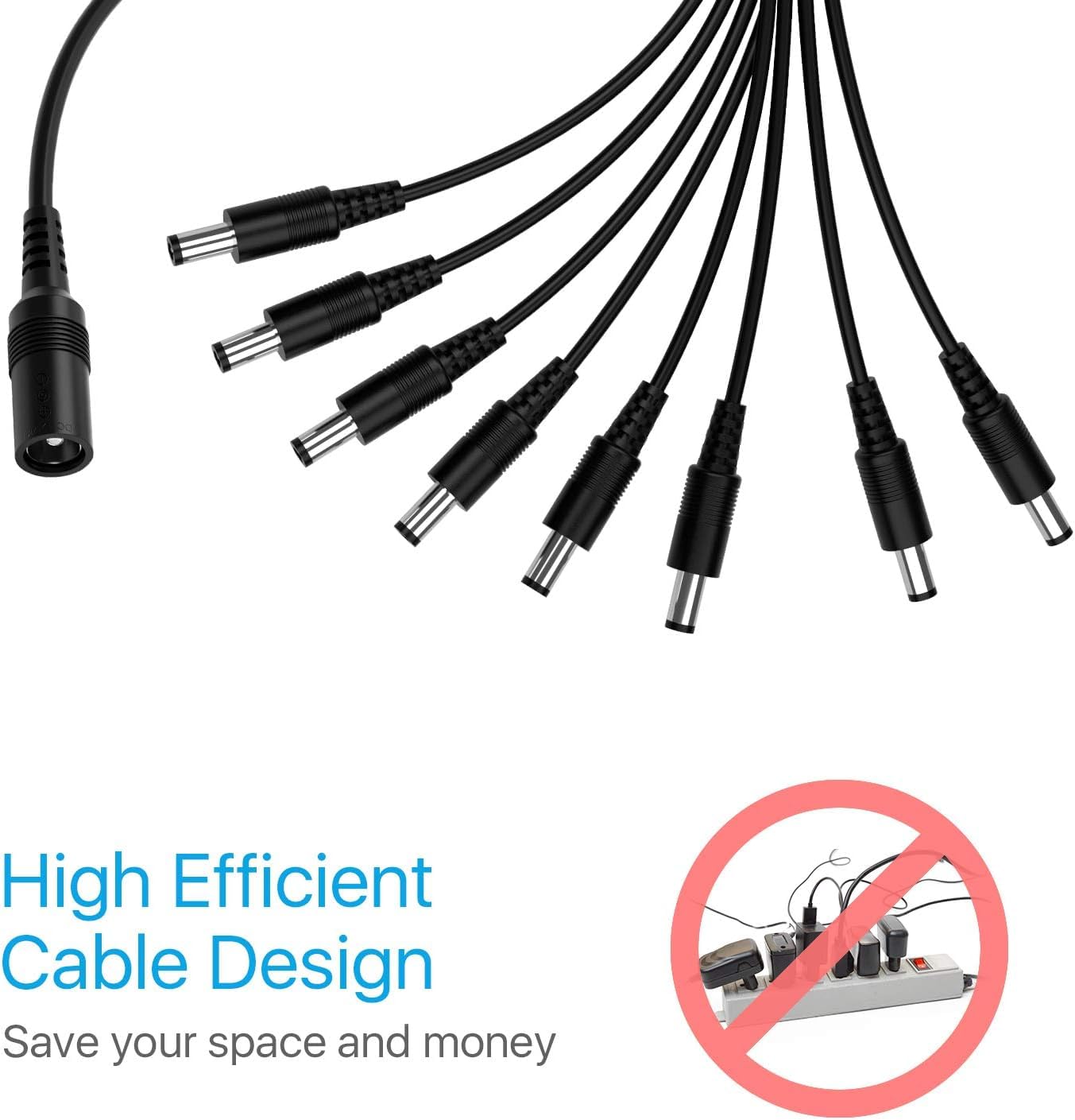 ZOSI DC 1 Female to 8 Male Output Power Splitter Cable Y Adapter For CCTV Accessories Black
