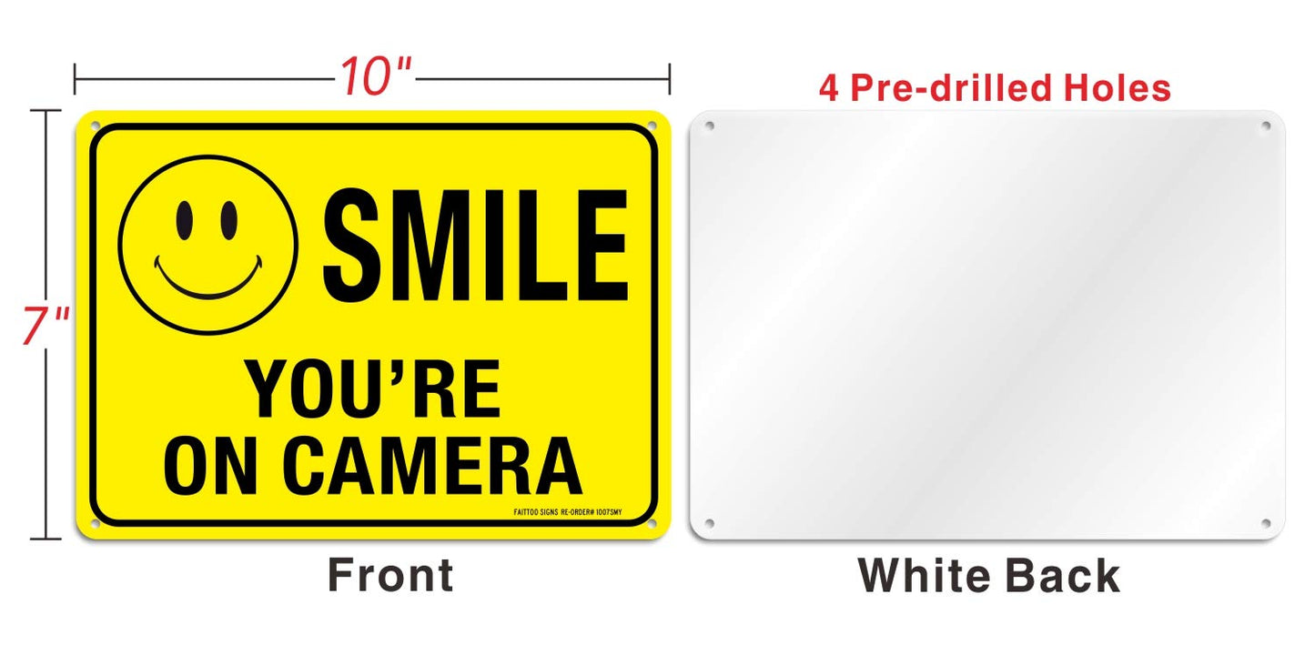 (2 Pack) Faittoo Smile You're On Camera Sign, Reflective 10x7 Rust Free .40 Aluminum, UV Protected, Weather Resistant, Durable Ink, Indoor & Outdoor