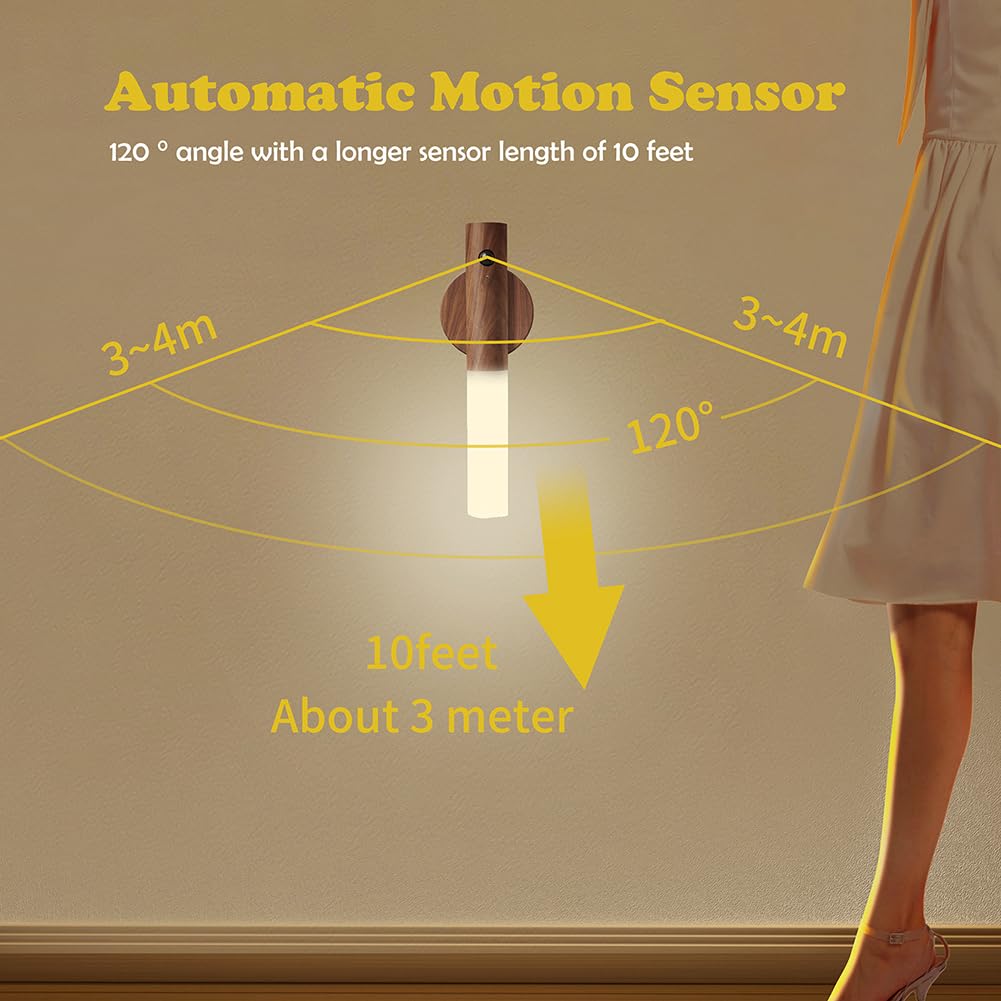 LANDGOO Wooden Motion Sensor Lights Indoor, Magnet Body Hallway Rechargeable LED Wireless Battery Operated Wall Sconce, Portable Decor Torch Night