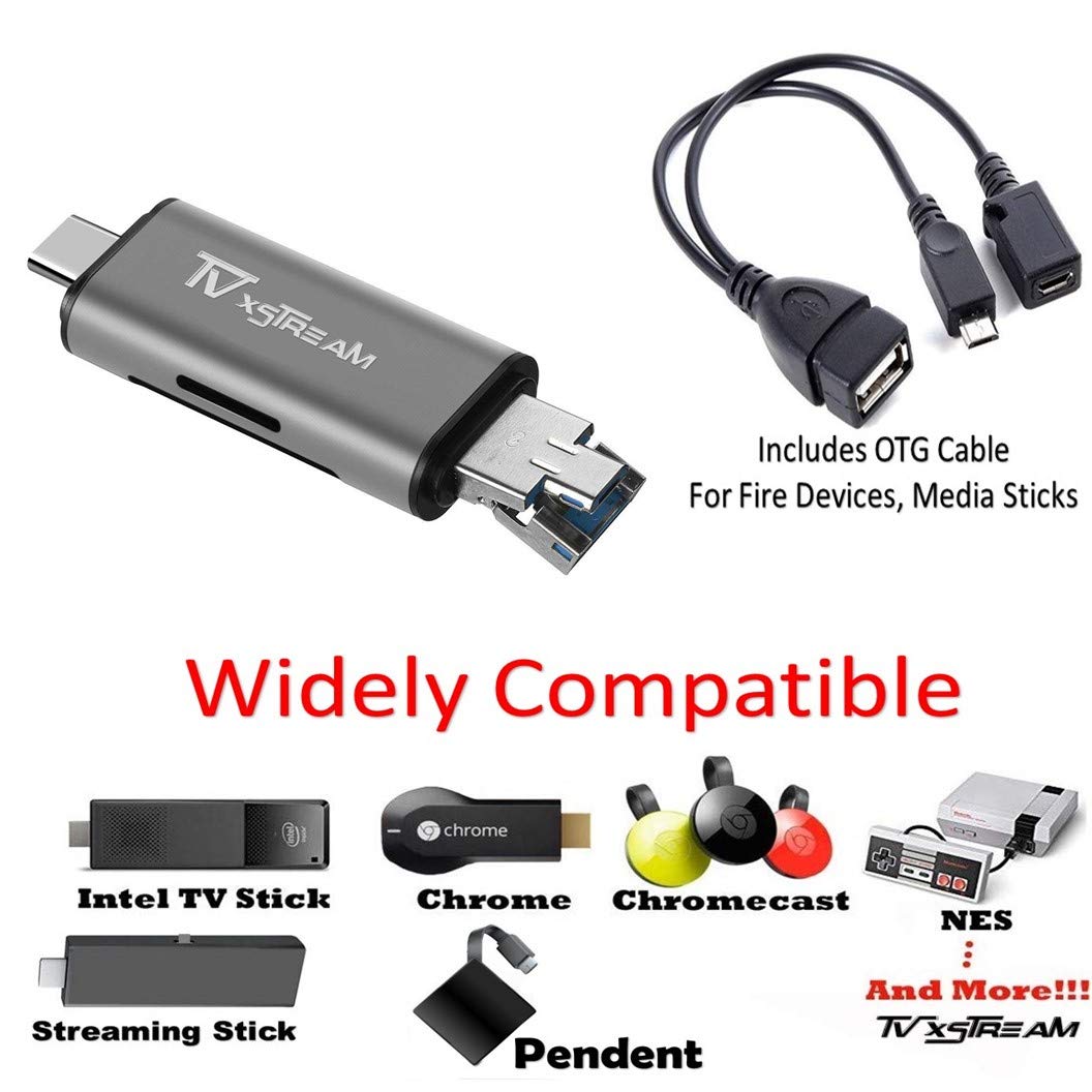 SD Card Reader, Storage Expansion OR File Transfer KIT for FIRESTICKS, Media Devices, Gaming Systems, 3-in-1 USB 2.0 / USB C/Micro USB Card Reader