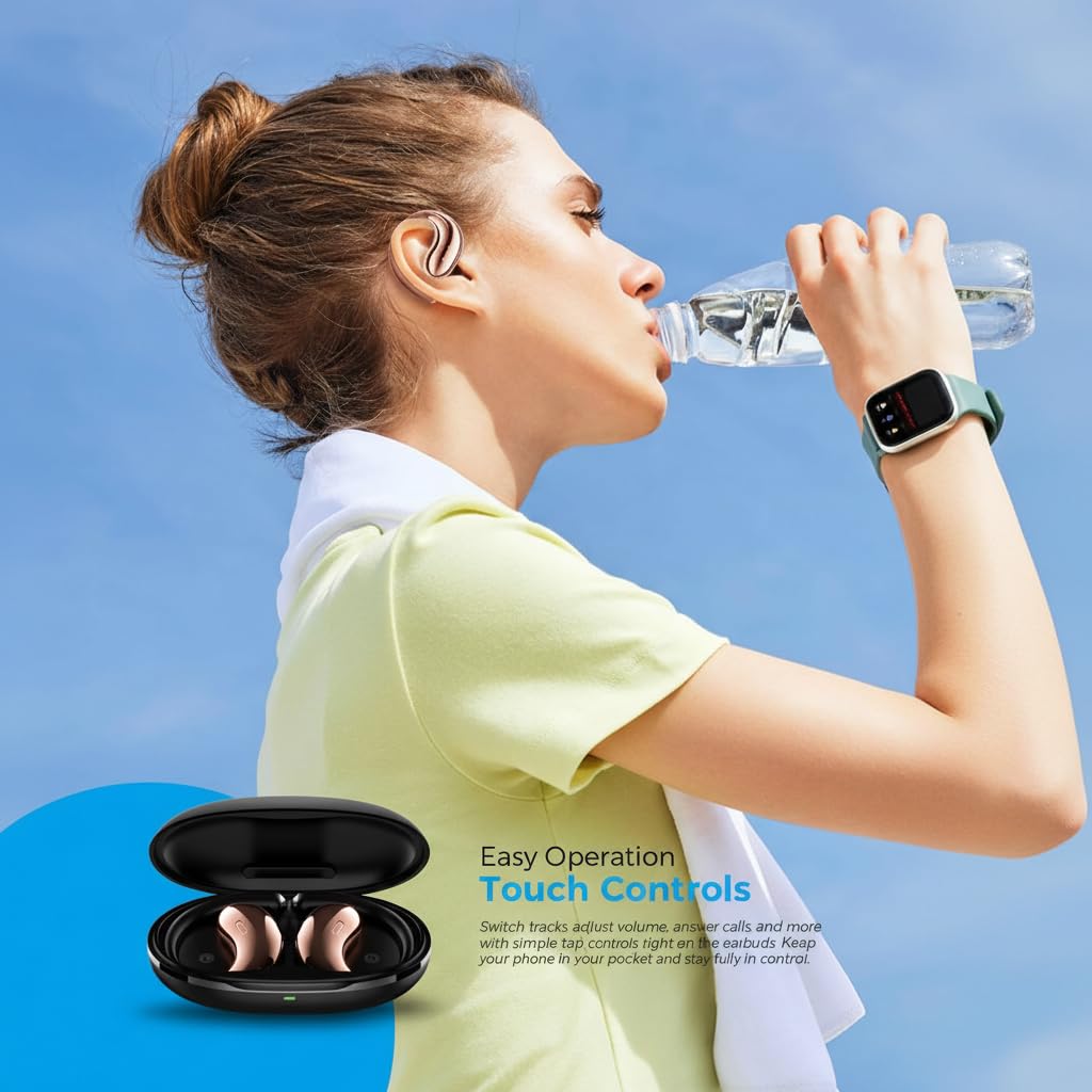 Micool Open Ear Headphones Bluetooth 6.0, Clip On Earbuds Wireless with 36H Playtime, Noise Cancelling Sports Headphones (Black with Rosegold Frame)