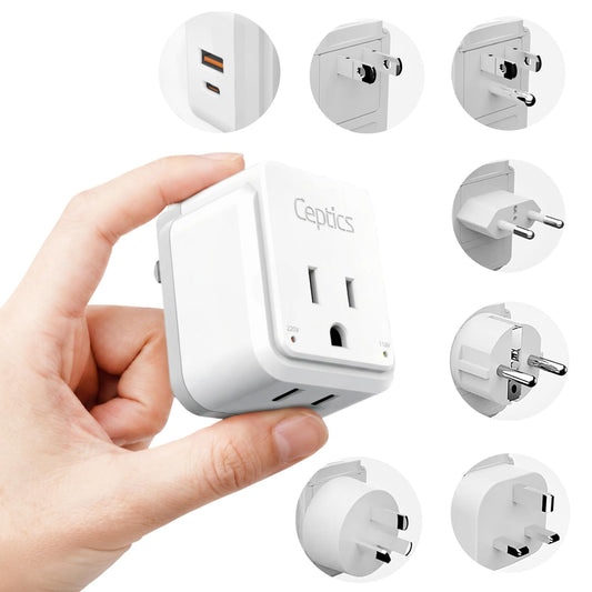 Ceptics World Power Plug Adapter Set, Dual USB & USB-C 3.1A, 20W with QC-PD, 2 USA Outlet Compact & Powerful, Use In Europe, Asia, Australia, Japan, Includes Type A, B, C, E/F, G, I SWadAPt Attachment