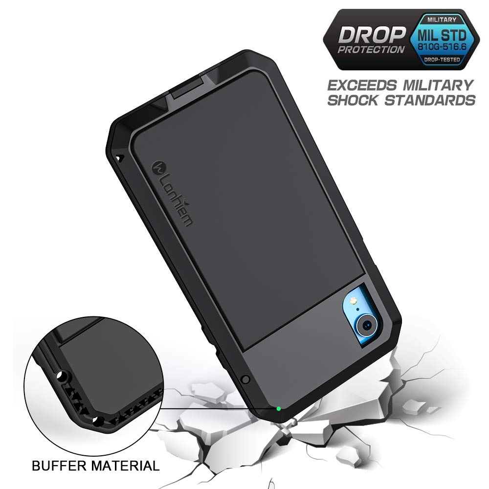 Lanhiem iPhone XR Metal Case, Heavy Duty Shockproof Case with Built-in Glass Screen Protector, Rugged Full Body Protective Cover, Black