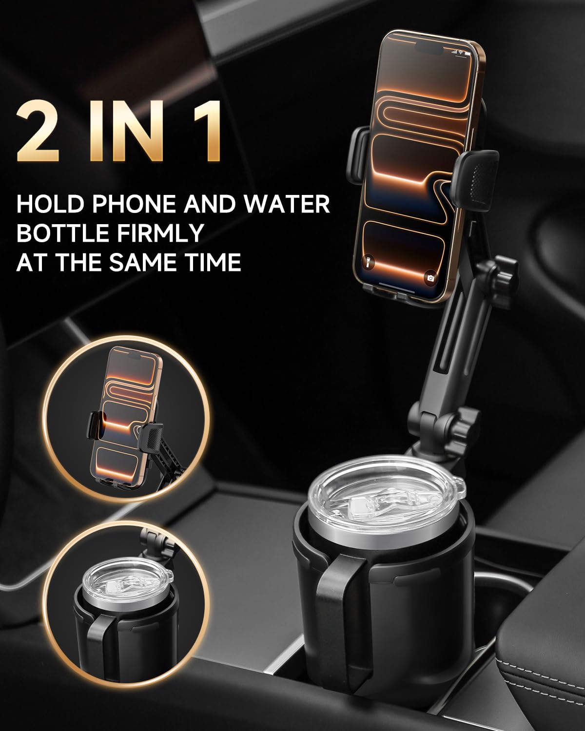 DYLEN Cup Holder Phone Holder for Car, 2 in 1 Cup Holder Phone Mount with Adjustable Base, Long-Arm Supports 360° Rotation, Car Phone Holder