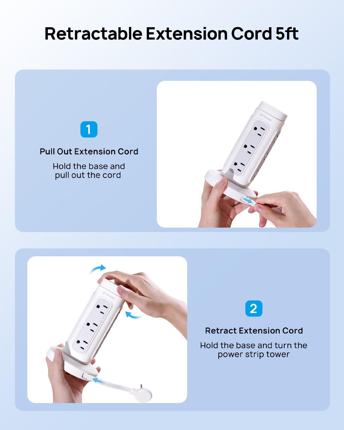 TROND Retractable Power Strip Tower, Space-Saving Surge Protector with USB C PD 20W, 5ft Flat Plug Extension Cord with Multiple Outlets, 4 USB, 1700J