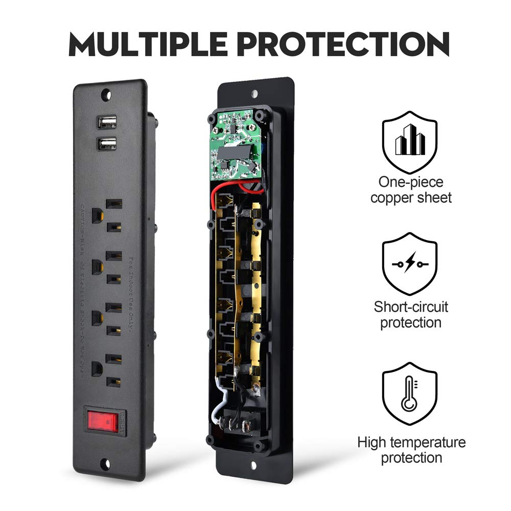 Mountable Power Strip Recessed Power Strip with USB 4 Outlet 2 USB Multiple Protection Built in Conference Desk Counter Workbench for PC Home Electric