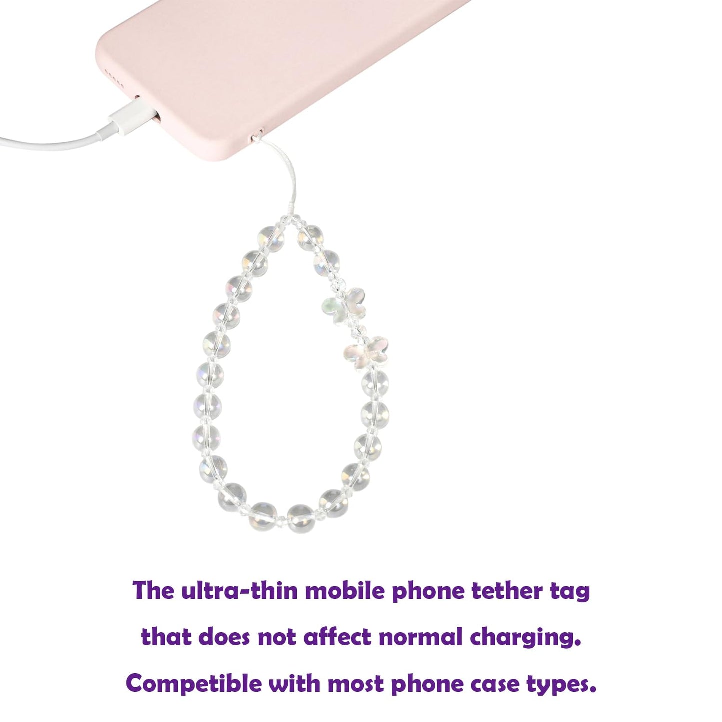 NUANJUYU 2PCS Handmade Beaded Phone Strap, Crystal Butterfly Bow Pearl Phone Lanyard Wristlet Keychain for Women?Crystal White?