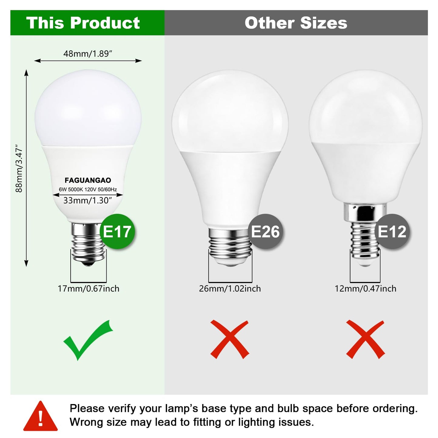 FAGUANGAO E17 Intermediate Base LED G14 Bulbs, 6W 60W Equivalent, 3000K Soft White, 600LM,Globe Light Bulbs for Ceiling Fan, Chandelier Lighting, Not