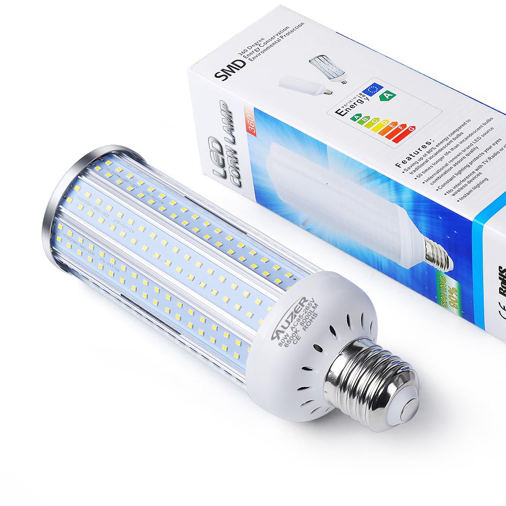 Auzer 80W LED Corn Light Bulb, Large Mogul E39 Base, 8000-Lumen, 6500K Daylight Cool White, AC 85V-265V, LED Corn Bulb for Large Area Garage Factory