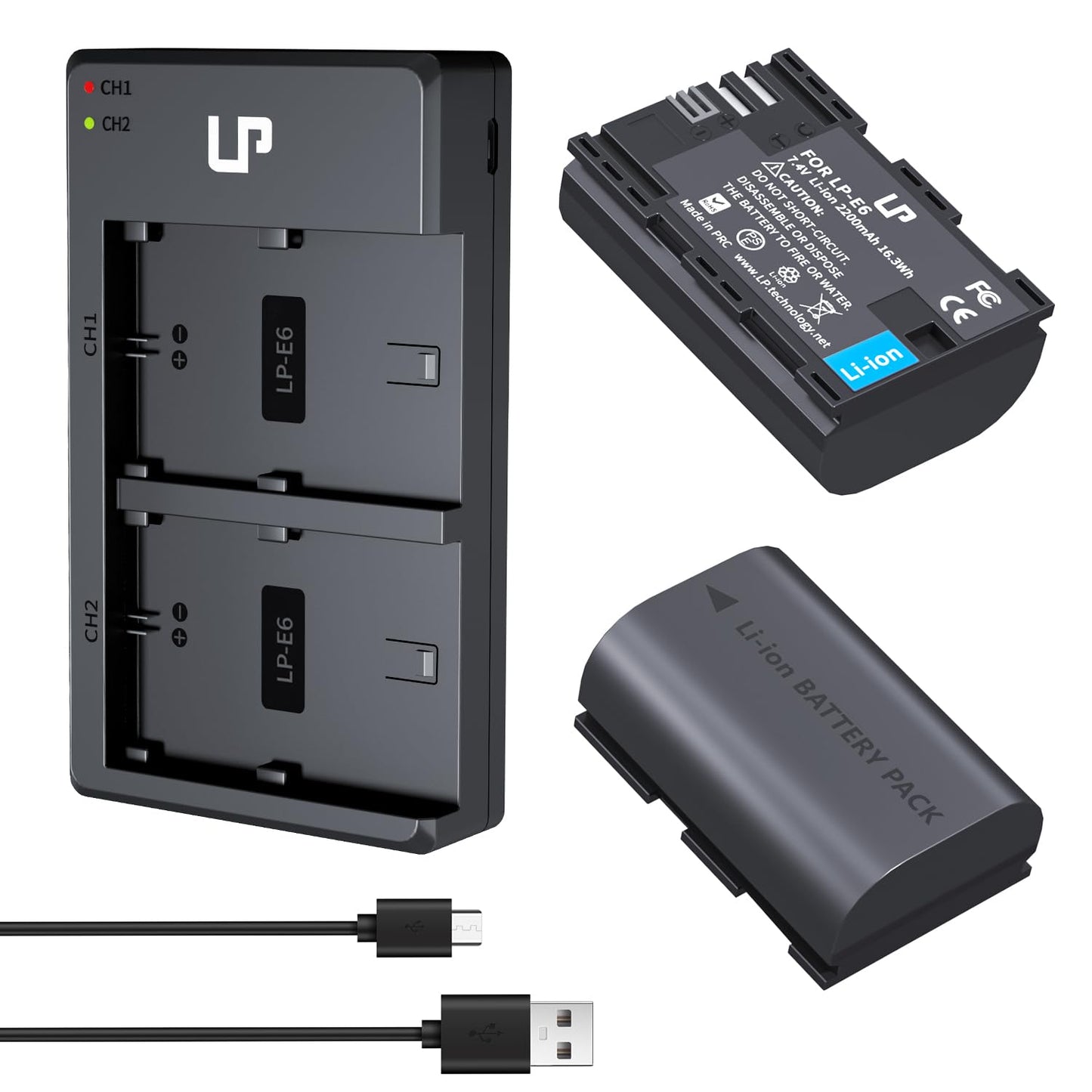 LP LP-E6 E6N Battery Charger Pack, 2-Pack 2600mAh Battery & Dual Charger Compatible with Canon EOS R, R5, R6, 90D, 80D, 70D, 60D, 60DA, 5D Mark II