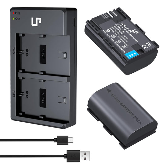 LP LP-E6 E6N Battery Charger Pack, 2-Pack 2600mAh Battery & Dual Charger Compatible with Canon EOS R, R5, R6, 90D, 80D, 70D, 60D, 60DA, 5D Mark II